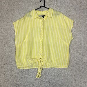 Talbots Linen Blouse Womens Plus 2X Yellow Boxy Cropped Tie Beachy Spring Island